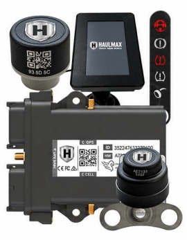 Haulmax Tech Solutions hardware: wheel sensors, gateway, in-cab display and alert indicators