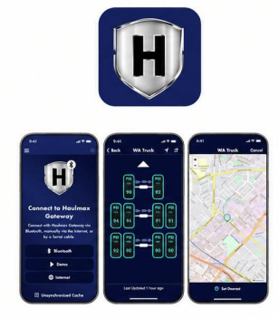 Haulmax Tech Solutions mobile app: gateway connection, live tyre pressures by axle and map view